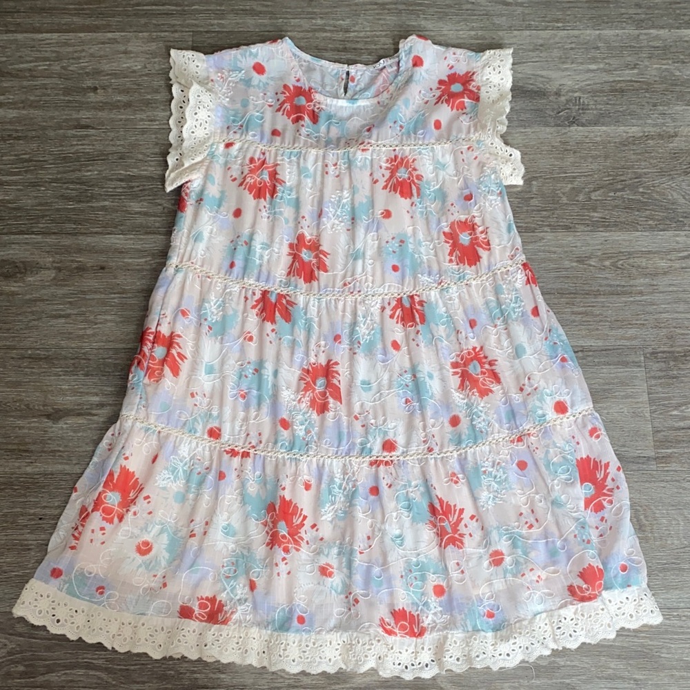 Joy Joy rufle trimmed tiered Floral Midi Dress - Red and Blue size S